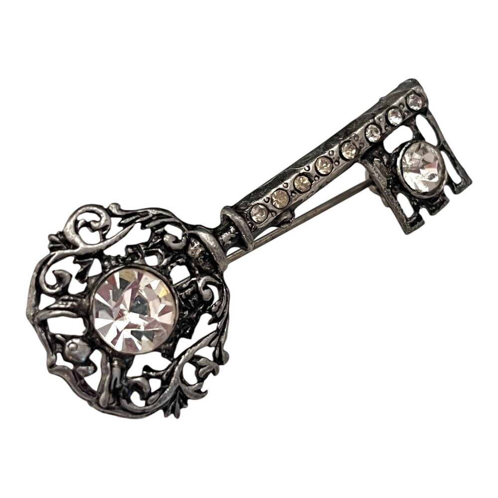 Vintage 1960s Key Brooch Rhinestone Antiqued Silver Tone Figural Pin - 11C